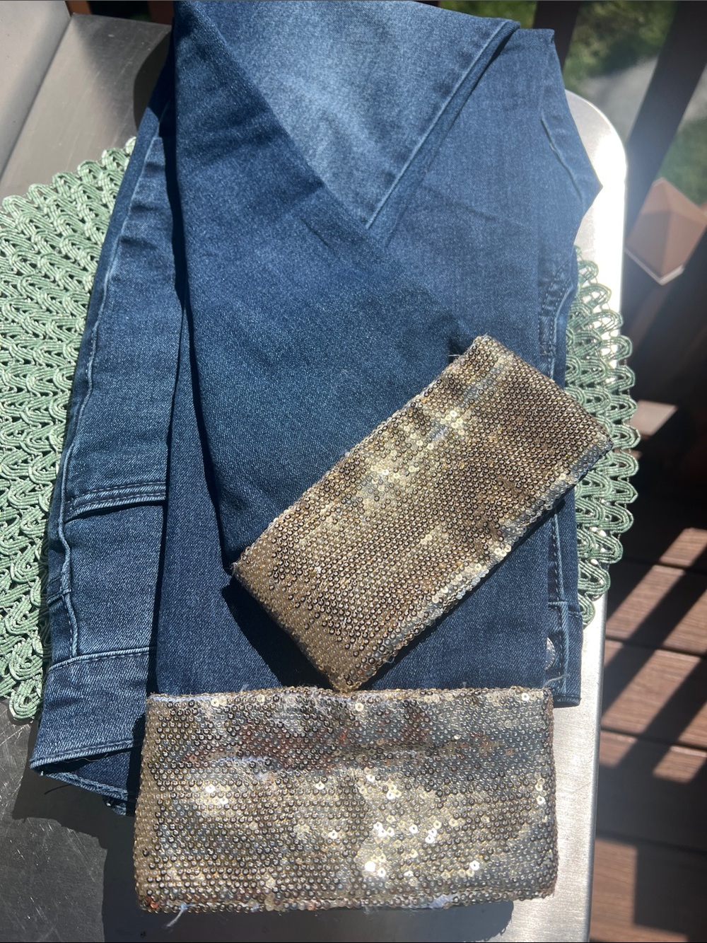 Worn 1x Women's Dark Blue Skinny cropped Jeans with Gold Sequin Cuff. Size 8